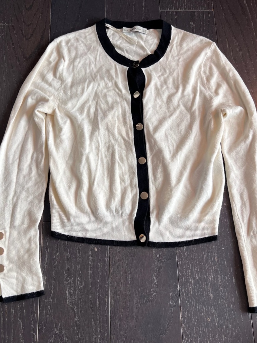 Zara Knit Cream Black Contrast gold Button Cardigan Sweater SMALL
